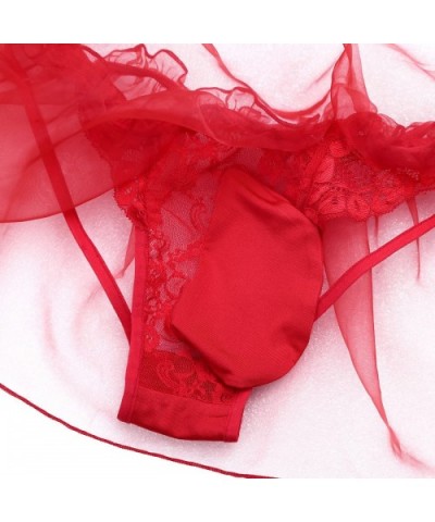 Men's Sissy Ruffle Skirted Bikini Briefs Thong Bulge Pouch Lace Underwear G-String Lingerie - Red - CA1800ELNDQ $24.57 Briefs