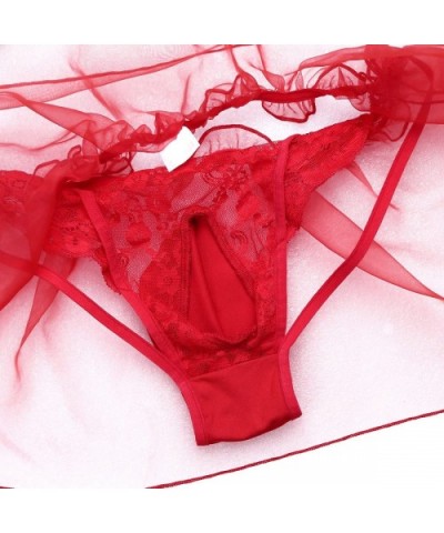 Men's Sissy Ruffle Skirted Bikini Briefs Thong Bulge Pouch Lace Underwear G-String Lingerie - Red - CA1800ELNDQ $24.57 Briefs