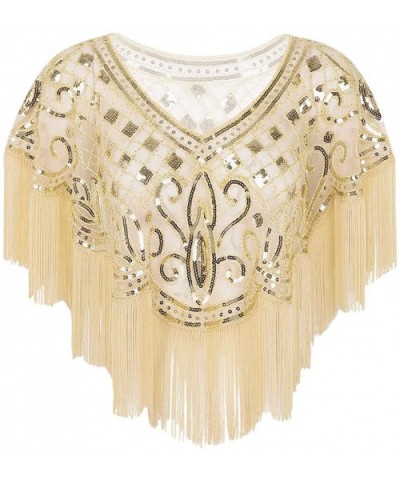 Women's Vintage 1920s Sequin Beads Fringe Tassel Bridal Shawl Evening Cape for Wedding Party - Champagne - CD197LU004T $54.84...