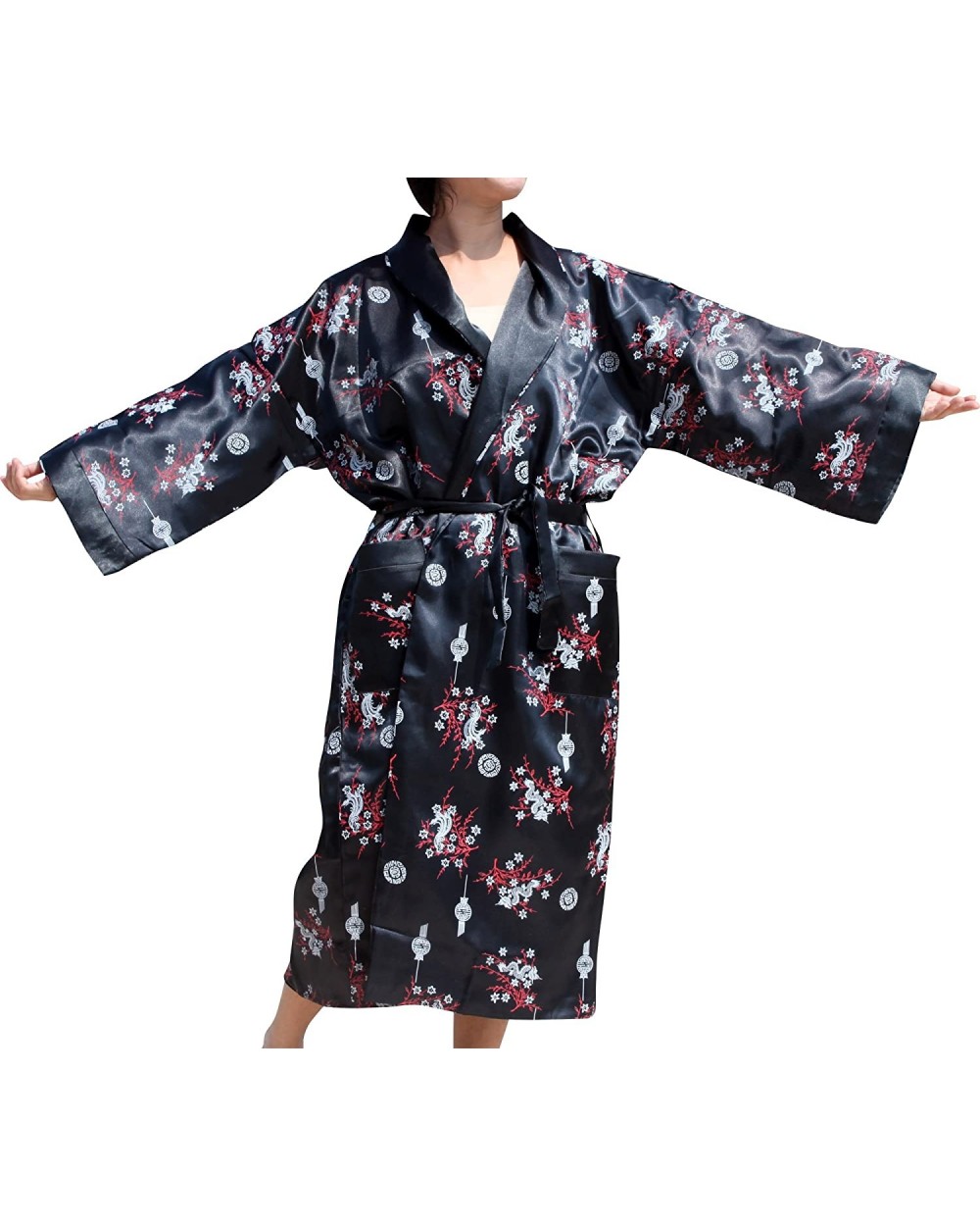 Reversible Thick Thai Silk Unisex Gown with Dragon Embroidery - Black - CP188TEGH7S $74.27 Robes