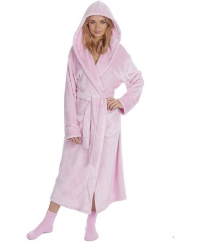 Ladies Long Length Luxury Shimmer Dressing Gown Fleece Hooded Robe Warm + Fluffy Socks - Light Pink With Socks - CJ18A4ZG2UK ...