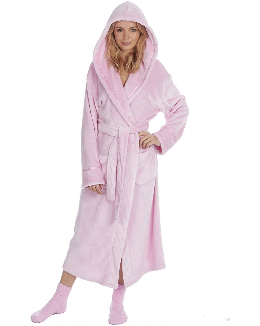 Ladies Long Length Luxury Shimmer Dressing Gown Fleece Hooded Robe Warm + Fluffy Socks - Light Pink With Socks - CJ18A4ZG2UK ...