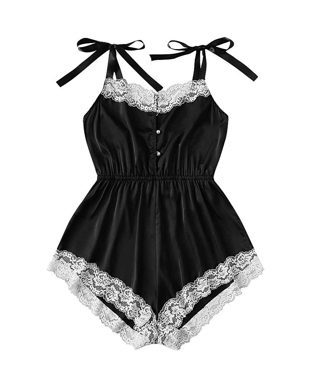 Women Satin Lingerie Bodysuit Lace Panel Teddy One Piece Babydoll Short Jumpsuit Pajamas - Black - C019C77XKRL $20.81 Baby Do...