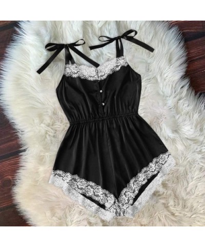 Women Satin Lingerie Bodysuit Lace Panel Teddy One Piece Babydoll Short Jumpsuit Pajamas - Black - C019C77XKRL $20.81 Baby Do...