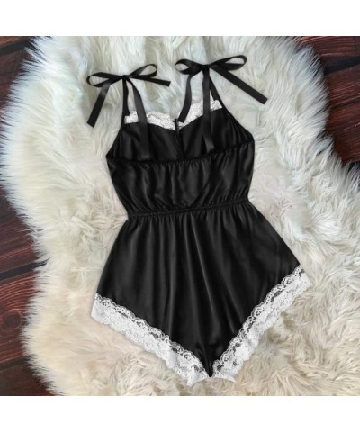 Women Satin Lingerie Bodysuit Lace Panel Teddy One Piece Babydoll Short Jumpsuit Pajamas - Black - C019C77XKRL $20.81 Baby Do...