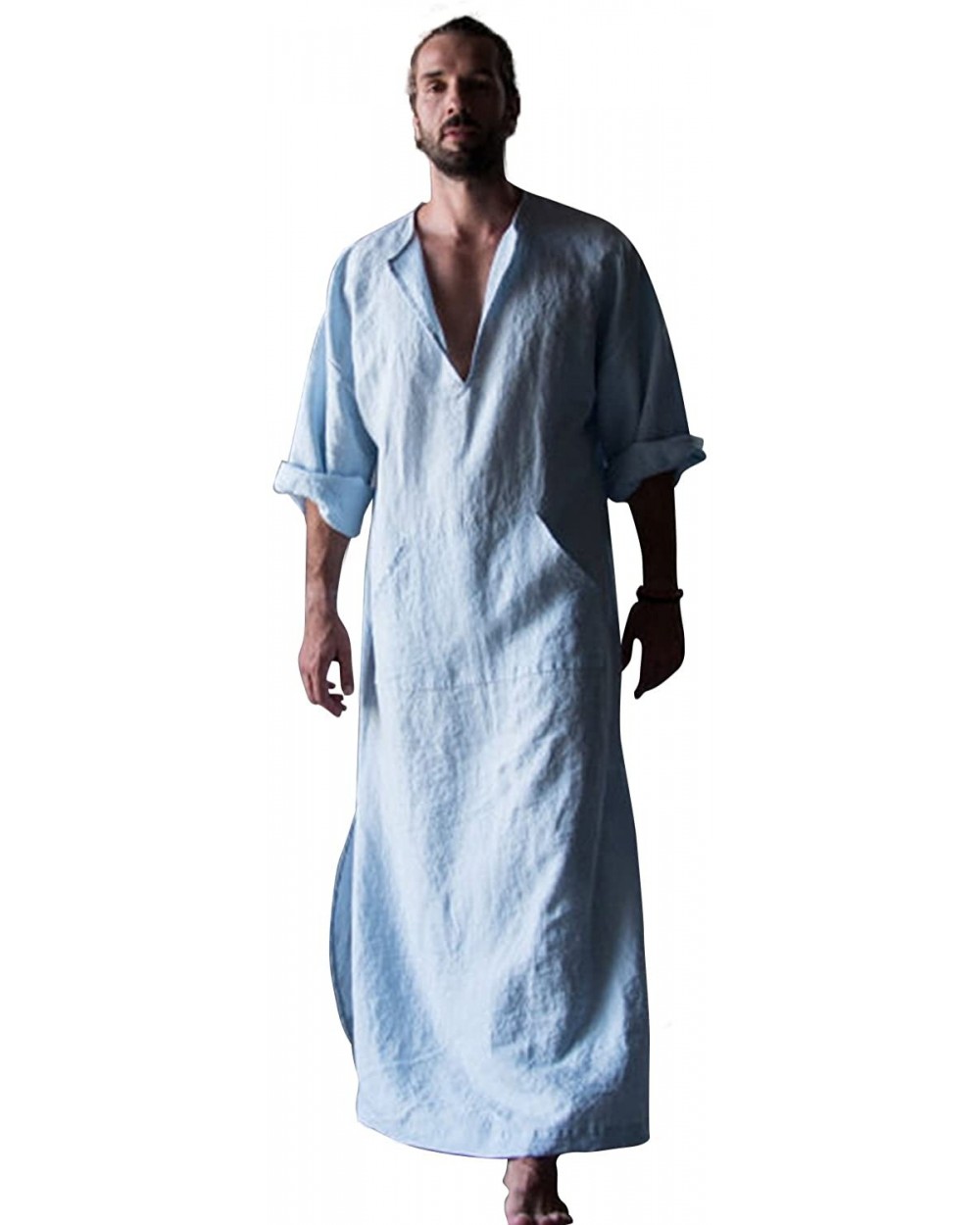 Men's Natural Linen Robe Casual Caftan Cotton Thobe V Neck Long Gown Kaftan Nightshirt Loungewear - Light Blue - CI18ED3MOMW ...