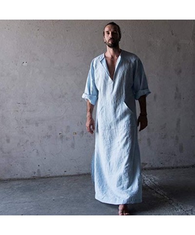 Men's Natural Linen Robe Casual Caftan Cotton Thobe V Neck Long Gown Kaftan Nightshirt Loungewear - Light Blue - CI18ED3MOMW ...