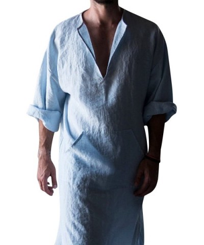 Men's Natural Linen Robe Casual Caftan Cotton Thobe V Neck Long Gown Kaftan Nightshirt Loungewear - Light Blue - CI18ED3MOMW ...