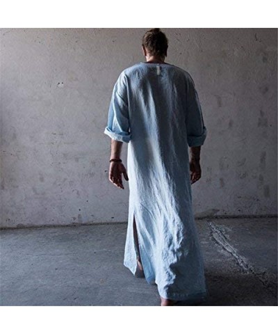 Men's Natural Linen Robe Casual Caftan Cotton Thobe V Neck Long Gown Kaftan Nightshirt Loungewear - Light Blue - CI18ED3MOMW ...