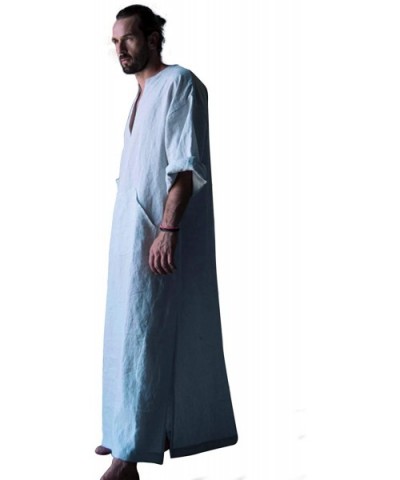 Men's Natural Linen Robe Casual Caftan Cotton Thobe V Neck Long Gown Kaftan Nightshirt Loungewear - Light Blue - CI18ED3MOMW ...