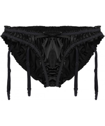 Mens Silk Satin Crossdress Sissy Lingerie Underwear Girlie Panties Briefs with Garters - Black - CT19DL5SCS5 $19.95 Briefs