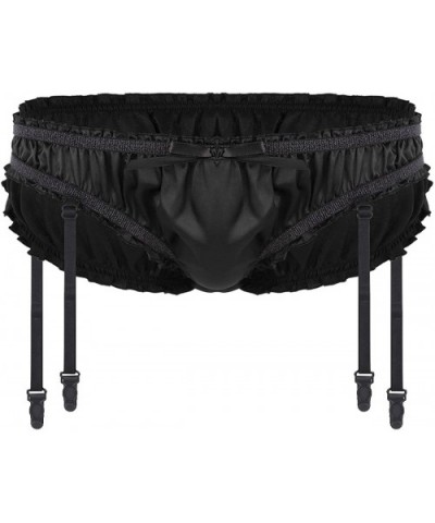 Mens Silk Satin Crossdress Sissy Lingerie Underwear Girlie Panties Briefs with Garters - Black - CT19DL5SCS5 $19.95 Briefs