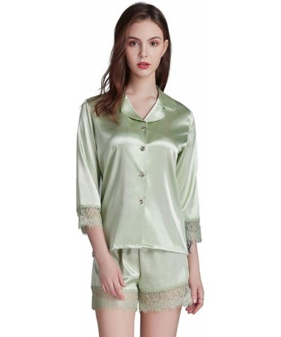 Womens Satin Pajamas Set 2 Piece Shorts Sleepwear Button Down Pjs Loungewear - Light Green - CG19854GZOI $30.00 Sets