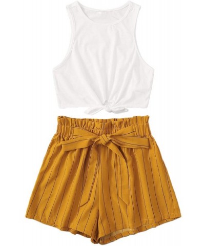 Women's 2 Piece Knotted Hem Tank Tops Tie Bow Paperbag Waist Striped Shorts Set Outfit - Yellow - C1192R8MHR5 $22.32 Sets