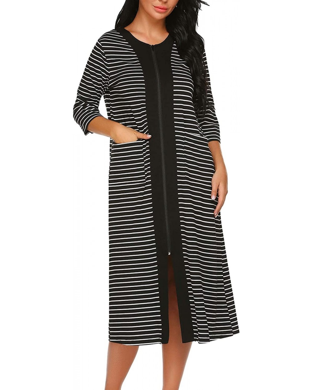 Zipper Front Housecoat Short Sleeve & Half Sleeve Zip Nightgown Long Houedress with Pockets - Half Sleeve-black - CZ18WLQ4S77...