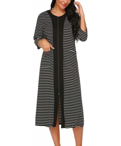 Zipper Front Housecoat Short Sleeve & Half Sleeve Zip Nightgown Long Houedress with Pockets - Half Sleeve-black - CZ18WLQ4S77...