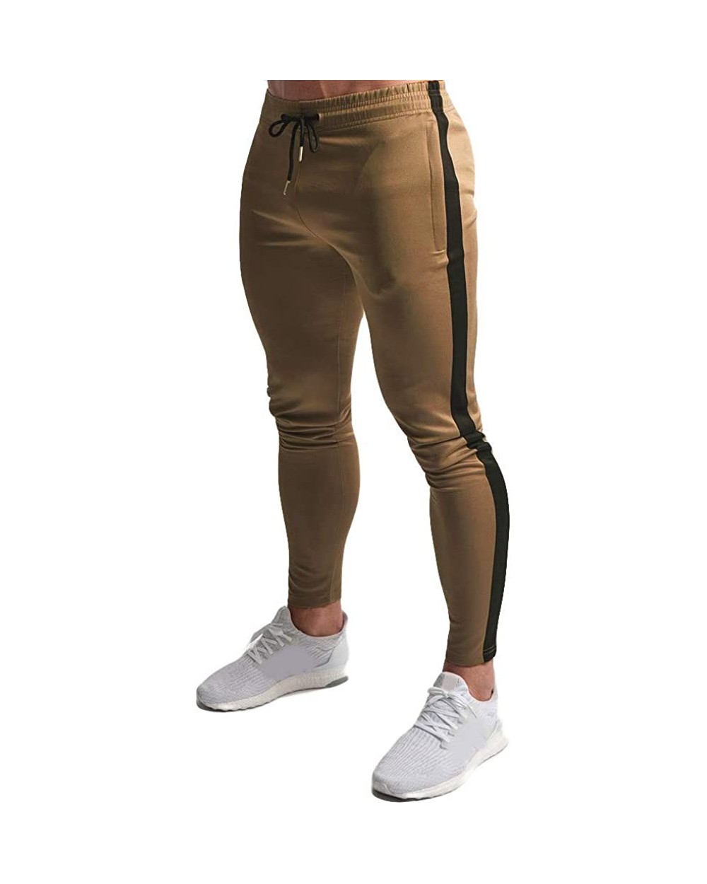 Mens Jogger Athletic Pants Casual Running Sweatpants Long Trouser with Elastic Drawstring Side Stripe - Khaki - C719233UDXW $...