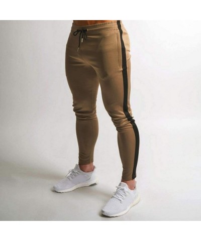 Mens Jogger Athletic Pants Casual Running Sweatpants Long Trouser with Elastic Drawstring Side Stripe - Khaki - C719233UDXW $...