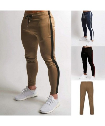 Mens Jogger Athletic Pants Casual Running Sweatpants Long Trouser with Elastic Drawstring Side Stripe - Khaki - C719233UDXW $...