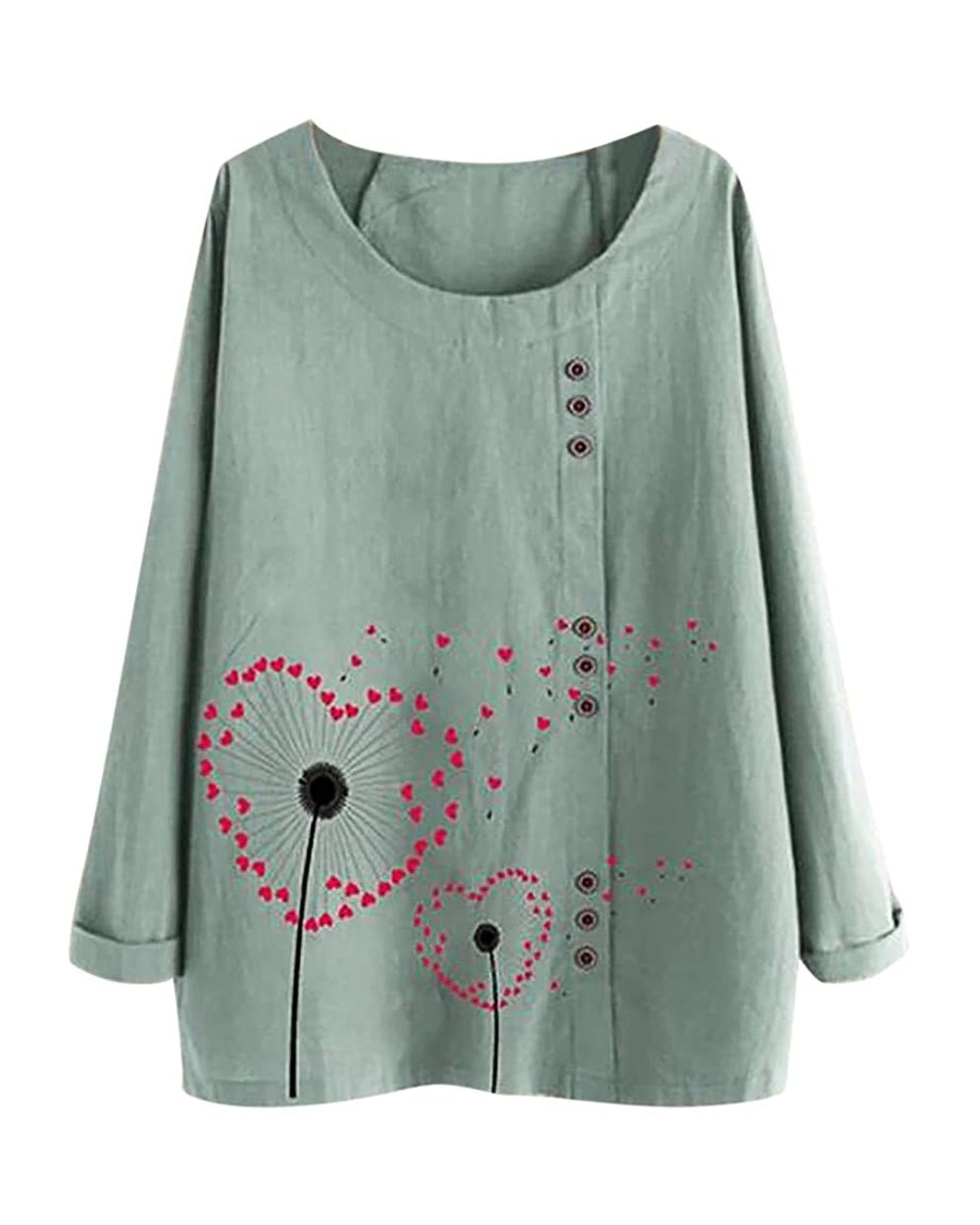 Women's Casual Plus Size Tops O-Neck Print Loose Button Long Sleeve Blouse - C-green - CR18X4ZL0KG $36.53 Thermal Underwear