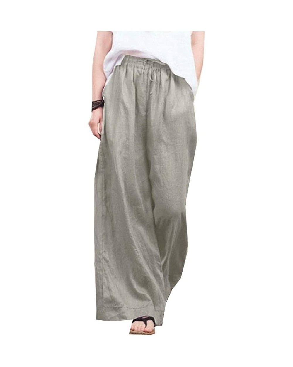 Women Linen Pure Color Mid Waist Lounge Leg Pants with Pockets - Grey - CF19CD6TTKU $35.14 Bottoms