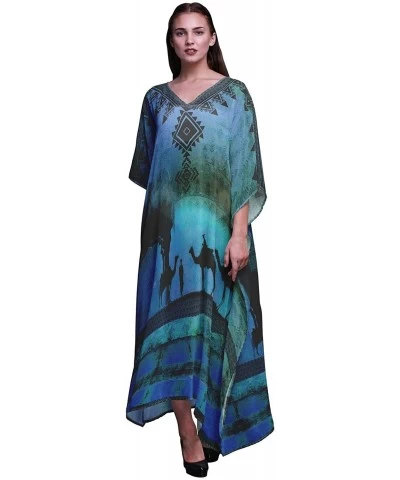 Camel Mughal Beach Kaftan Bikini Cover up Women's Maxi Dress Long Caftan - Blue - CN18NIURXA0 $42.54 Nightgowns & Sleepshirts