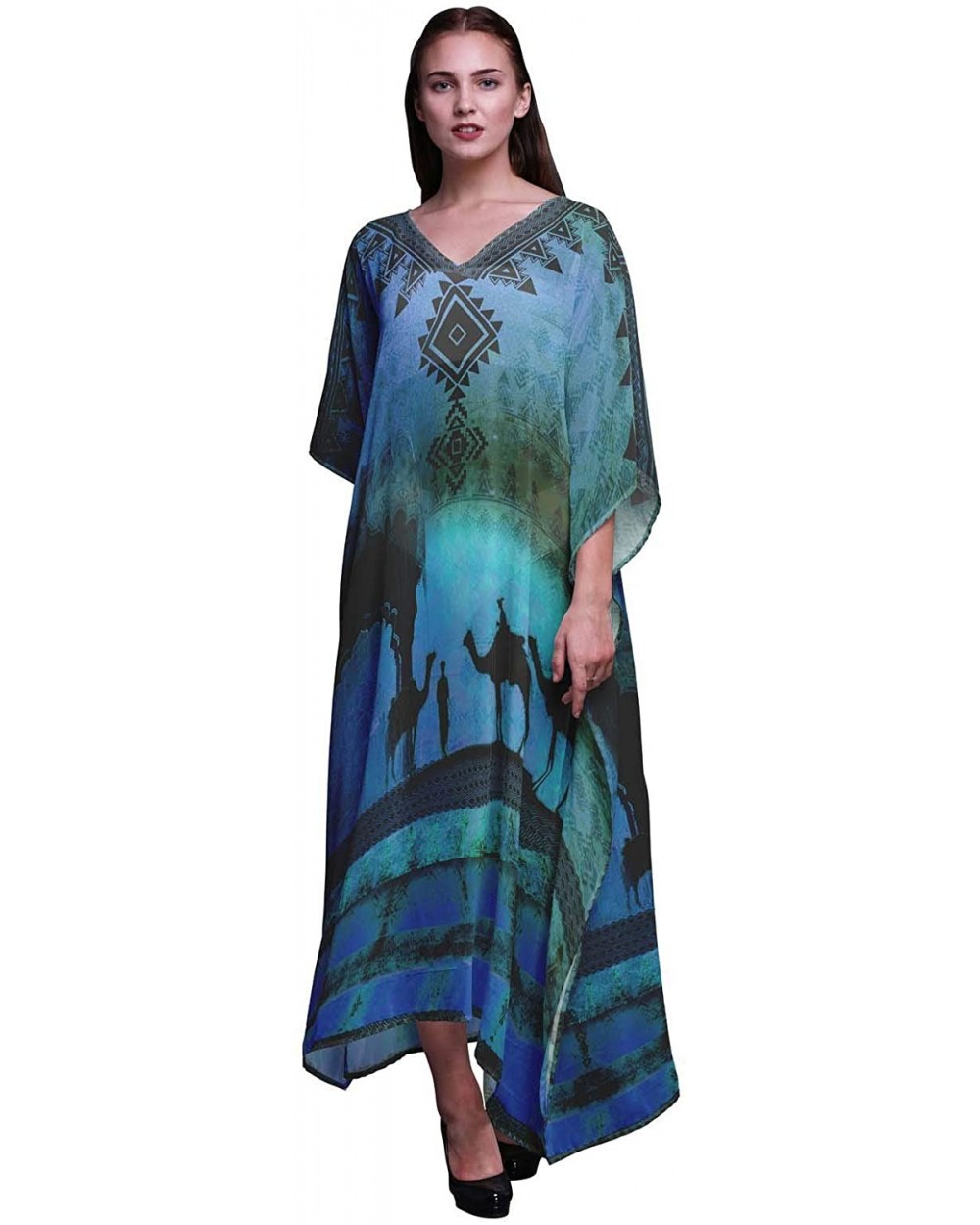 Camel Mughal Beach Kaftan Bikini Cover up Women's Maxi Dress Long Caftan - Blue - CN18NIURXA0 $42.54 Nightgowns & Sleepshirts