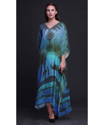 Camel Mughal Beach Kaftan Bikini Cover up Women's Maxi Dress Long Caftan - Blue - CN18NIURXA0 $42.54 Nightgowns & Sleepshirts