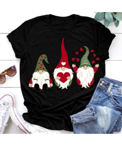 Women's Short Sleeve Blouse Sweet Gnome Print Casual Tee Shirt Round Neck T-Shirt Tops - Black-d - CZ1940L34E8 $20.42 Thermal...