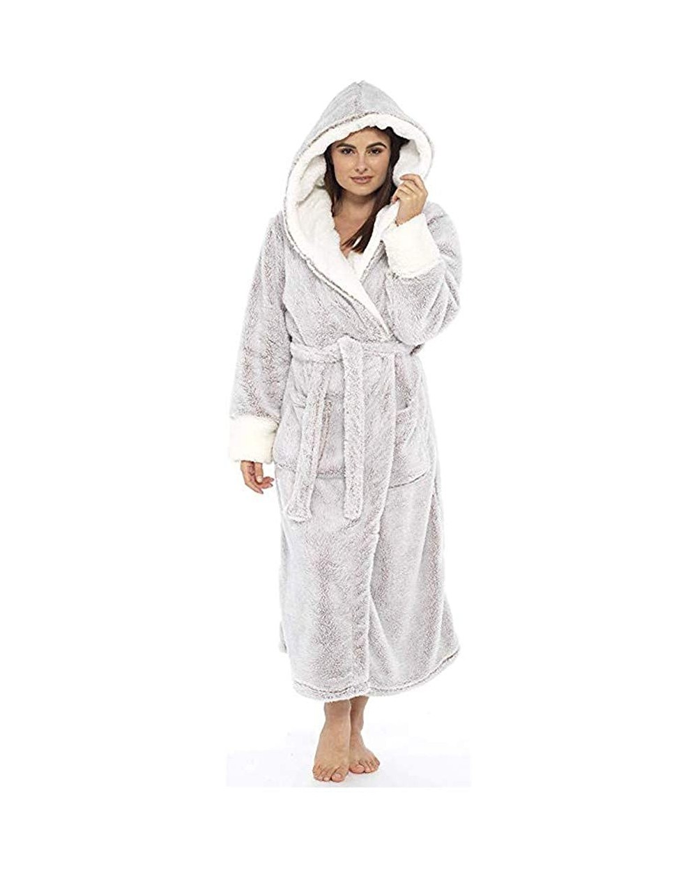 Womens Plush Fleece Robe with Hood Hooded Women Soft Spa Long Bathrobe Comfy Full Length Warm Nightdress Gray 1 - CL193TAGTD8...