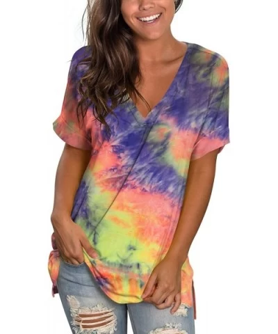 Women's Tshirts Casual V Neck Short Sleeve Loose Summer Tunic Tops - Tie Dye Orange Pink Blue - CA199DYWZCL $31.21 Tops