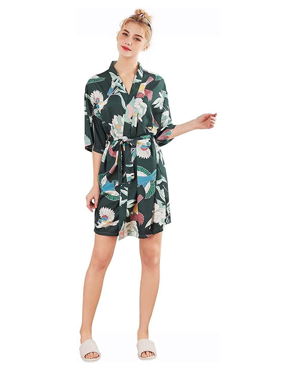 Women's Sexy Floral Satin Kimono Robe Wedding Sleepwear - Green Floral - CH199OH96S7 $29.98 Robes