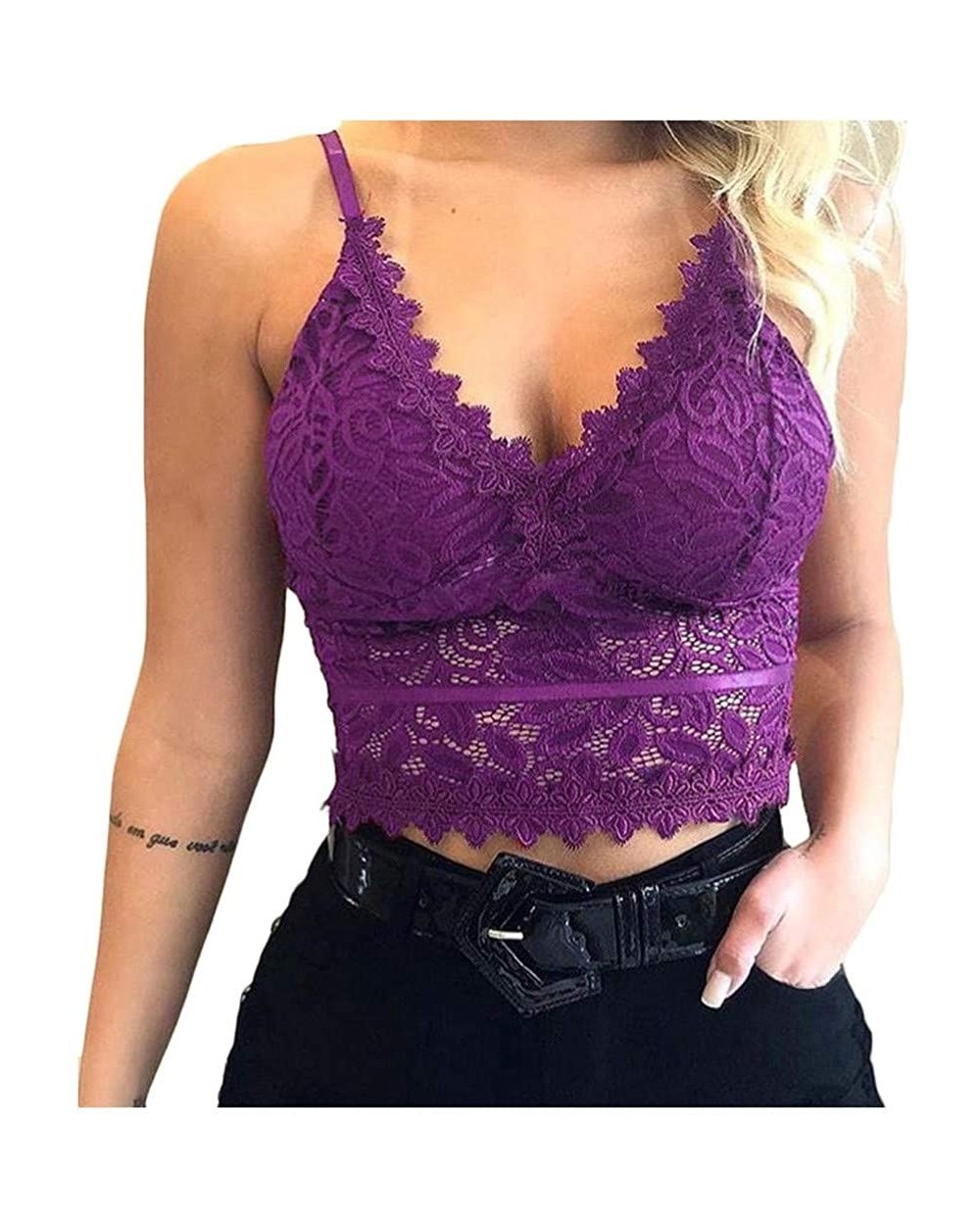 Women Floral Lace Bralette Wireless Bra Sexy V-Neck Tank Camisole Crop Top Plus Size Underwear - Purple - CG195E8YS5M $11.30 ...