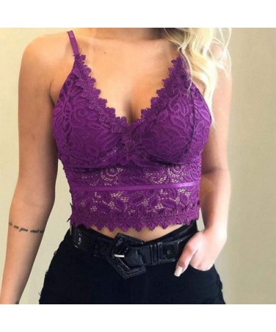 Women Floral Lace Bralette Wireless Bra Sexy V-Neck Tank Camisole Crop Top Plus Size Underwear - Purple - CG195E8YS5M $11.30 ...