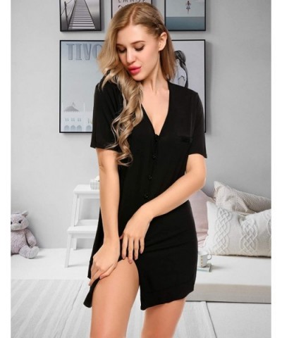 Women's Nightshirt Short Sleeve Button Down Nightgown V-Neck Boyfriend Sleepshirt Pajama Dress - Black - CS19C9IM6TE $42.65 N...