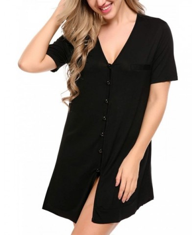 Women's Nightshirt Short Sleeve Button Down Nightgown V-Neck Boyfriend Sleepshirt Pajama Dress - Black - CS19C9IM6TE $42.65 N...