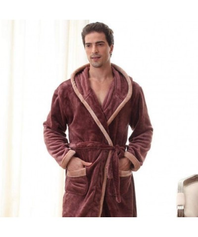 Men's Bathrobe- Men's Winter Coral Velvet Hooded Robe Male Warm Long Bathrobes Comfort Bath Robe-Brown-L - Brown - CD194CM38Z...