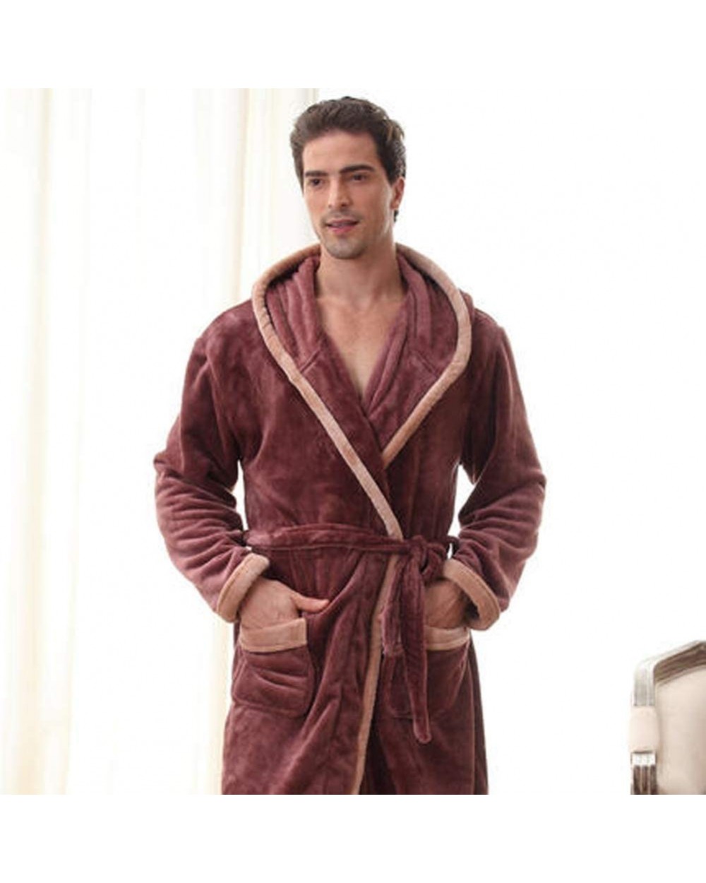 Men's Bathrobe- Men's Winter Coral Velvet Hooded Robe Male Warm Long Bathrobes Comfort Bath Robe-Brown-L - Brown - CD194CM38Z...