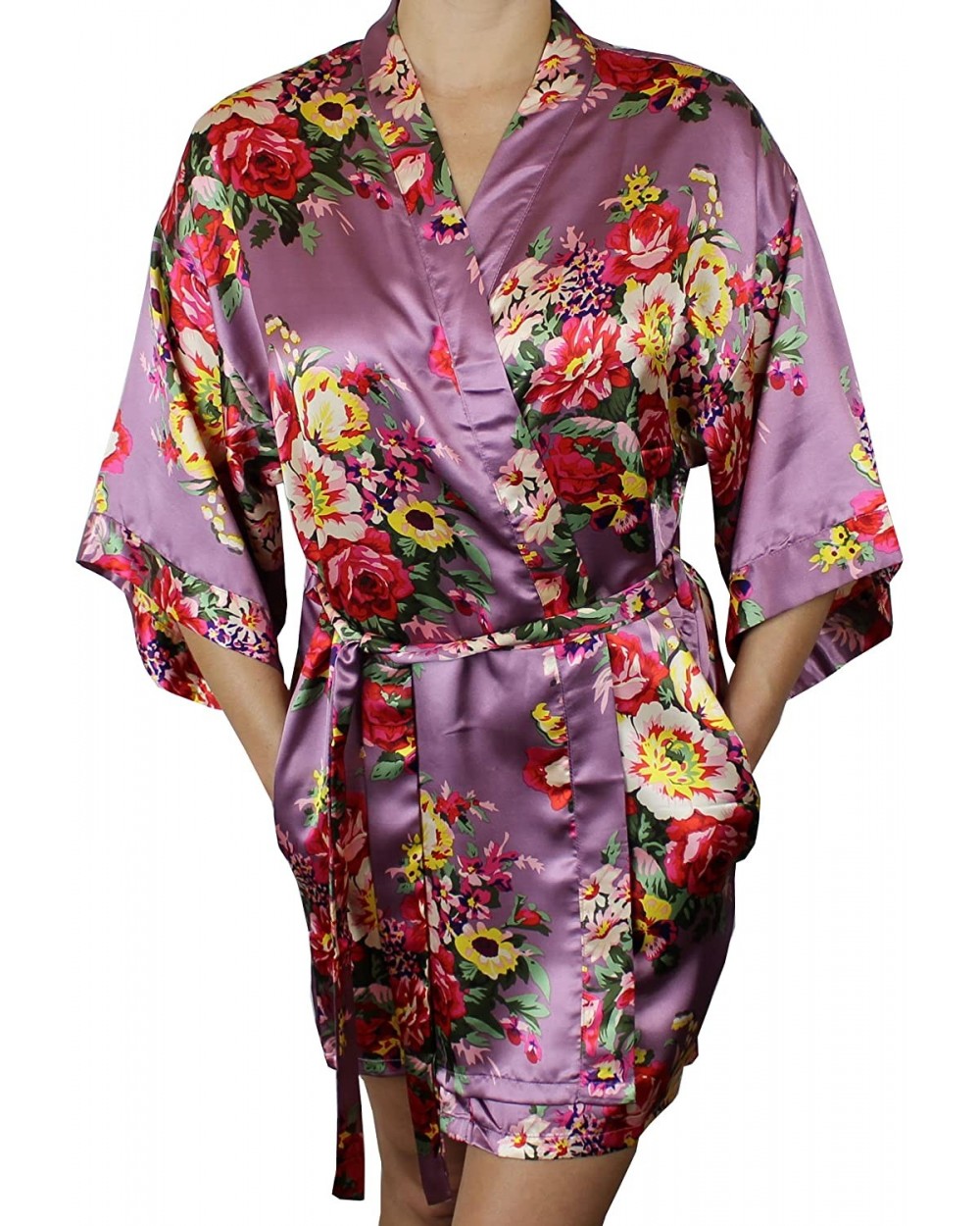 Women's Floral Satin Kimono Short Bridesmaid Robe with Pockets - Silky Touch - Mauve - C5182K0523S $27.74 Robes