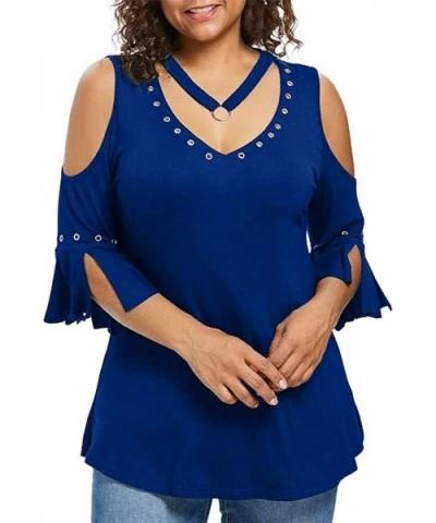 Plus Size Fashion T-Shirt Women Solid Short Sleeve V-Neck Rivet Blouse - Blue - CS18R4CLQLQ $37.44 Thermal Underwear