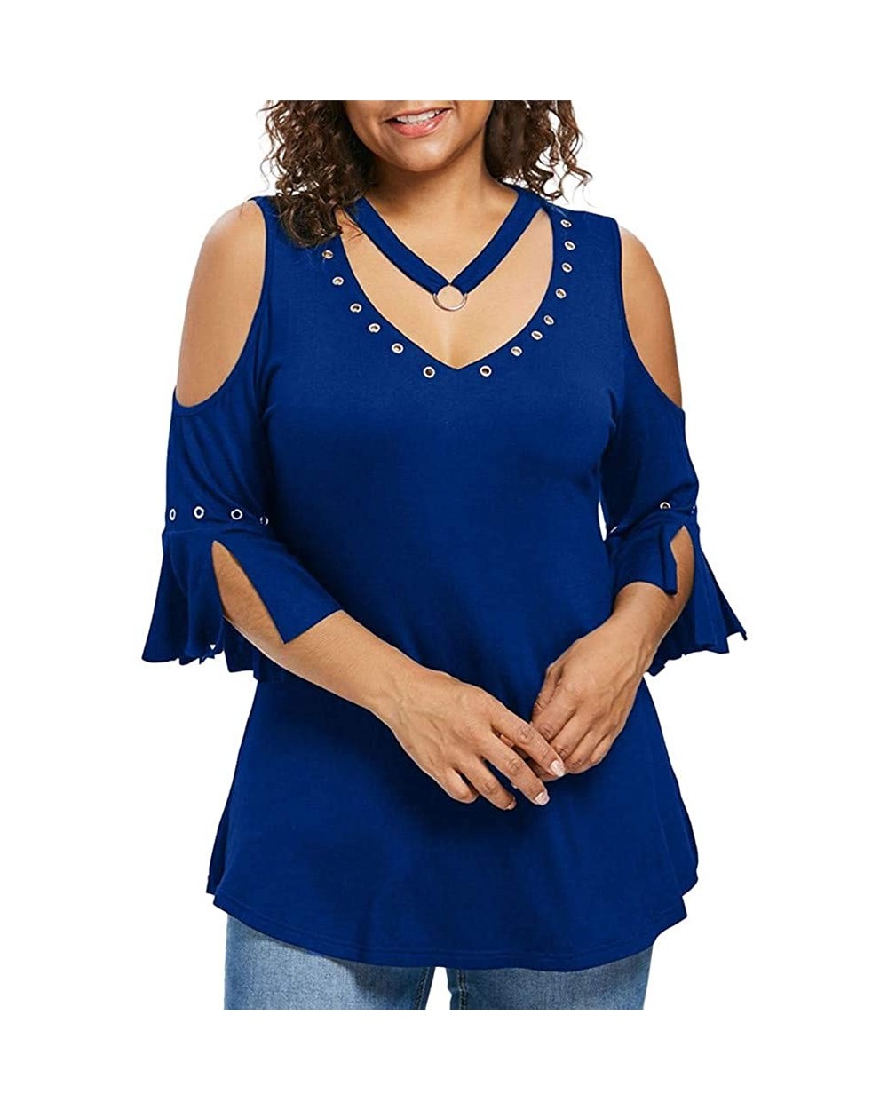 Plus Size Fashion T-Shirt Women Solid Short Sleeve V-Neck Rivet Blouse - Blue - CS18R4CLQLQ $37.44 Thermal Underwear