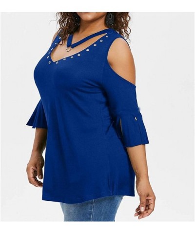 Plus Size Fashion T-Shirt Women Solid Short Sleeve V-Neck Rivet Blouse - Blue - CS18R4CLQLQ $37.44 Thermal Underwear