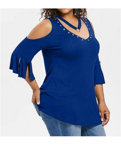 Plus Size Fashion T-Shirt Women Solid Short Sleeve V-Neck Rivet Blouse - Blue - CS18R4CLQLQ $37.44 Thermal Underwear