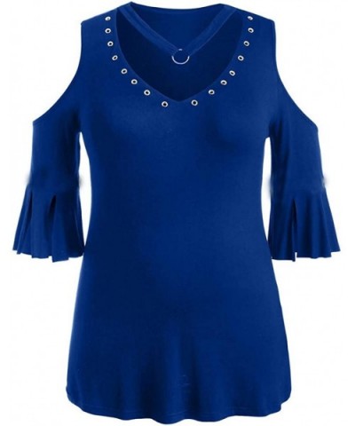 Plus Size Fashion T-Shirt Women Solid Short Sleeve V-Neck Rivet Blouse - Blue - CS18R4CLQLQ $37.44 Thermal Underwear