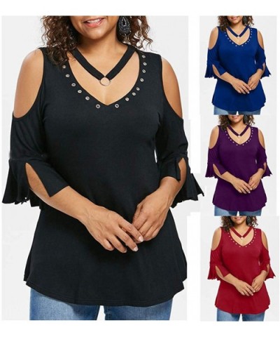 Plus Size Fashion T-Shirt Women Solid Short Sleeve V-Neck Rivet Blouse - Blue - CS18R4CLQLQ $37.44 Thermal Underwear