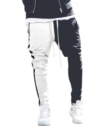 Mens Jogger Track Pants Casual Running Sweatpants Contrast Color Long Trouser with Drawstring Zipper Pocket - White - CK19233...