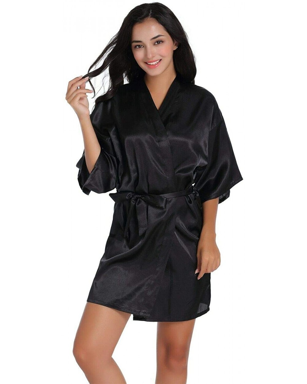 Women Solid Robe Silk Satin Robes Wedding Bridesmaid Bride Gown Kimono with Belt - Black - C2199AW36DO $17.00 Robes