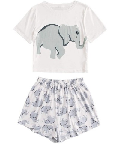 Women's Sleepwear Cartoon Print Short Sleeve Tee and Shorts Pajama Set - White - CJ19CADHE80 $28.16 Sets