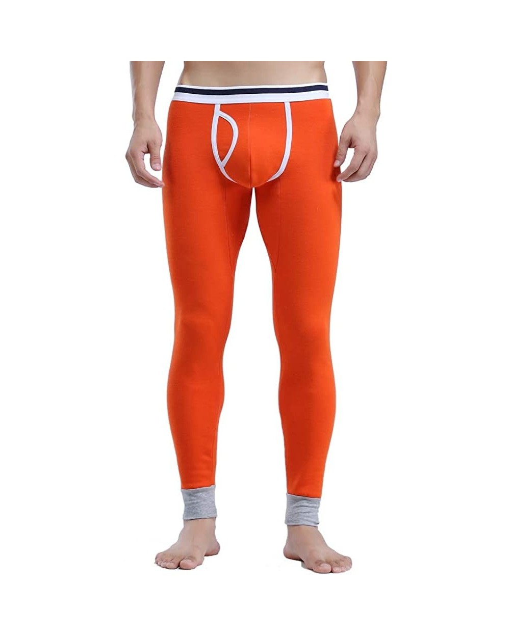 Men's Solid Color Sexy Mid Rise Leggings Pants - Plus Velvet - Fresh Orange - CJ18AS0ENWM $35.24 Thermal Underwear