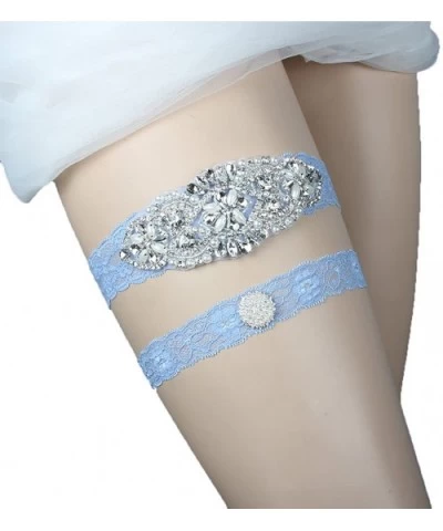 Wedding Garters Belt Set for Bride Bridal Garter Plus Size Blue Lace Rhinestones - C918C2XZNN3 $15.48 Garters & Garter Belts